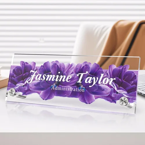 Vista 57 de Placa de identificación personalizada para escritorio, decoración de oficina de acrílico transparente con diseño de flores, decoraciones