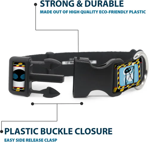 Vista 4 de Buckle-Down Collar de clip de plástico – WALL-E & EVE Pose/Face Hazard Blocks Gris/Amarillo/Negro – 1 pulgada de ancho – Se adapta a cuello de 9-15