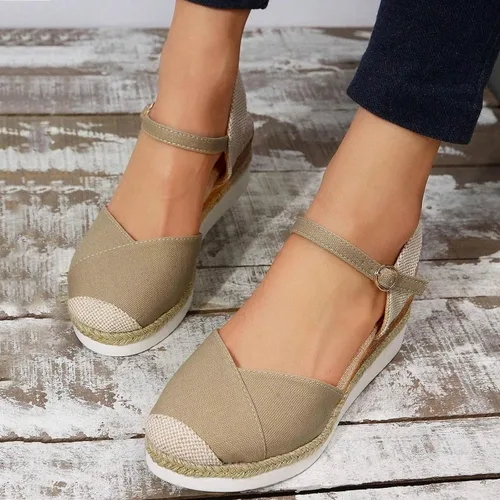 Vista 5 de Sandalias de plataforma ortopédicas con cuña para mujer, verano 2023, elegantes, planas, de punta abierta, con correa al tobillo, estilo alpargata