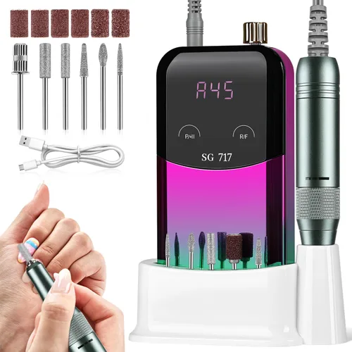 Vista 9 de JEWHITENY Taladro de uñas profesional recargable 35000 RPM, SG707 lima de uñas eléctrica con 6 brocas para uñas acrílicas, eliminación de pulido