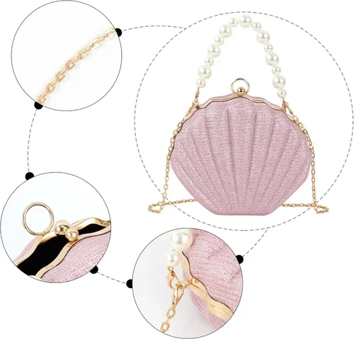 Vista 4 de ZLM BAG US Bolso de mano de noche con purpurina Seashell Mini Chain Crossbody Bag PU Cuero Shell Pearl Bolso de hombro, Y-Rosa