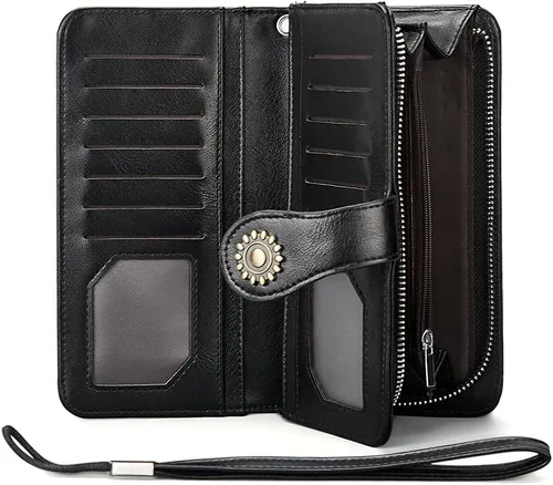 Vista 4 de BROMEN Billeteras de cuero para mujer cartera grande de mano para teléfono 2-negro Vintage