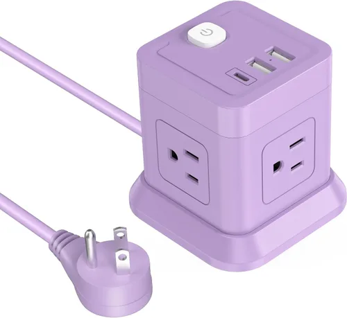 Vista 16 de FDTEK - Tira de alimentación USB C de 2 clavijas, 4 tomas de corriente, 3 USB, cable de extensión de 5 pies, color blanco 2 Prong Desktop Charging