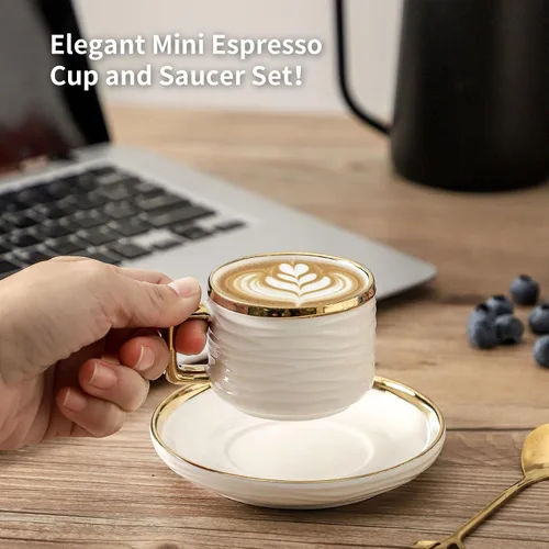 Vista 5 de LETAOTAO Juego de 4 tazas y platillos de expreso, tazas de café apilables de cerámica de 3 onzas con borde dorado, mini tazas Demitasse, juego