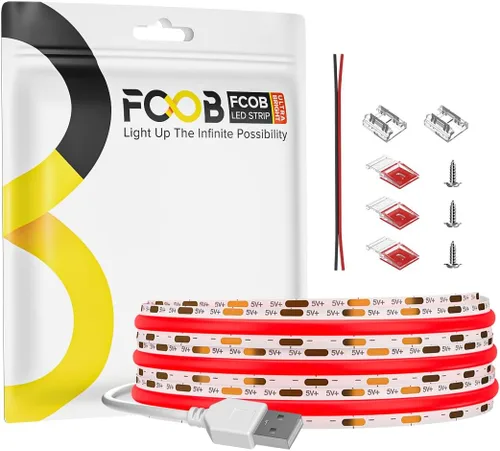 Vista 12 de Tira de luz LED USB de 6.56 pies, 5 voltios alimentada por USB, luces LED COB de 3000 K, blanco cálido de 0.315 in, tiras flexibles de alta densidad