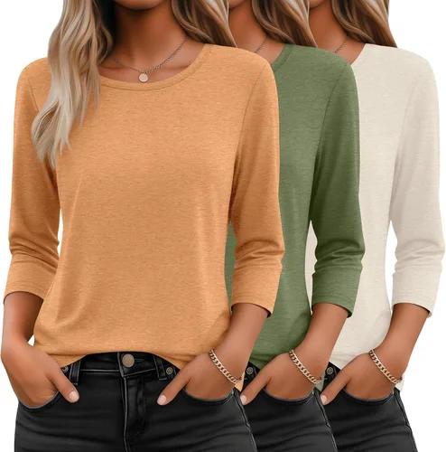 Vista 16 de Ficerd Paquete de 3 camisetas de manga 3/4 para mujer, cuello redondo, camisetas básicas elegantes, casuales, modernas, holgadas