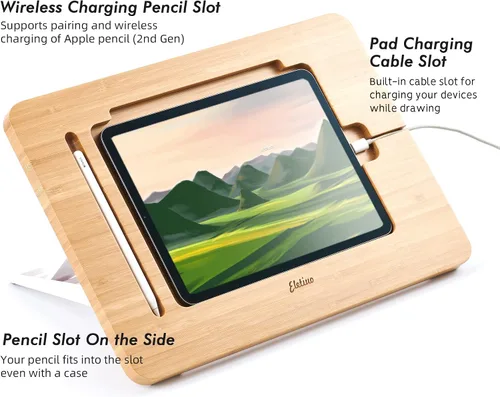 Vista 6 de Soporte ajustable para tablet con ranura para lápiz y cable de cargador, soporte de madera de bambú con múltiples ángulos, organizador de escritorio