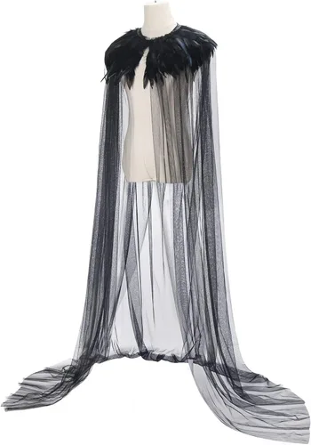 Vista 3 de Capa de Halloween para mujer, disfraz de bruja malvada Steampunk con cuello de plumas negras, capa de vampiro, disfraz de carnaval, accesorios