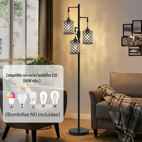 Vista 4 de Lámparas de pie de cristal GyroVu para sala de estar, lámpara de pie negra de 3 luces, lámpara alta de pie con elegante pantalla de cristal K9
