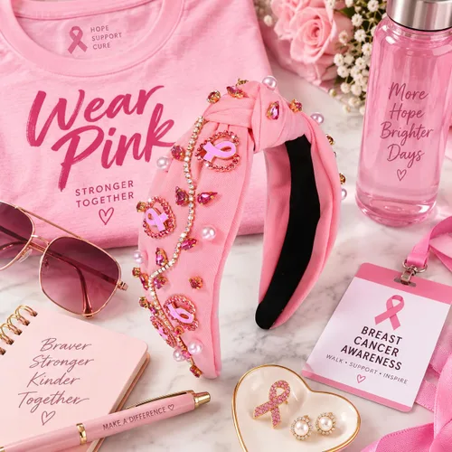 Vista 7 de boderier Diademas de concientización sobre el cáncer de mama para mujer, diadema anudada de cristal, diadema de corazón rosa con cinta de amor