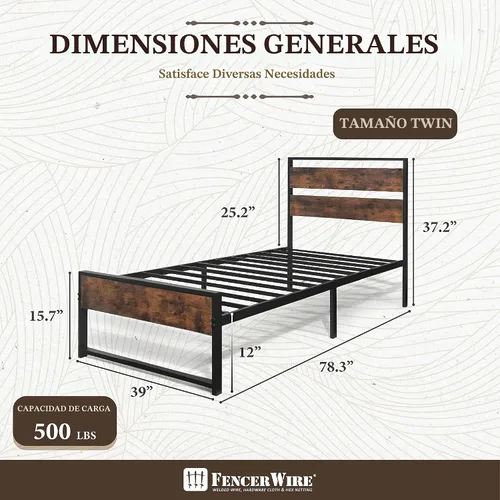 Vista 2 de Fencer Wire Base de cama de metal con cabecera y estribo de madera modernos, base de colchón, plataforma de metal con marco de acero, sin ruido,