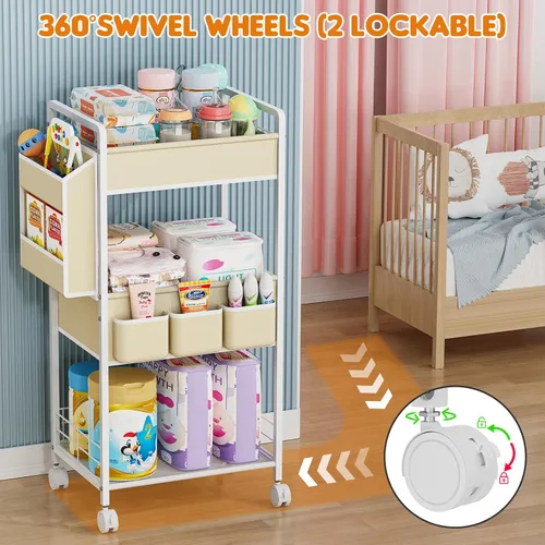 Vista 3 de JBBTOOL Organizador de pañales 2 en 1 y carrito de pañales rodante de 3 niveles, organizador de pañales con divisores y bolsillos, carrito móvil