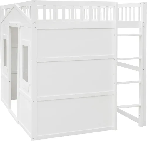 Vista 7 de Cama tipo loft de techo de casa de tamaño matrimonial con escalera, marco de cama de madera que ahorra espacio con barandilla y ventana