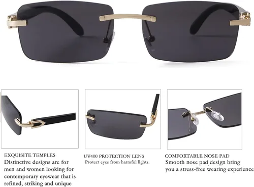 Vista 4 de Gafas de sol sin montura para mujeres y hombres, lentes tintadas de gángster, sin marco, lentes rectangulares de cuerno de búfalo de imitación