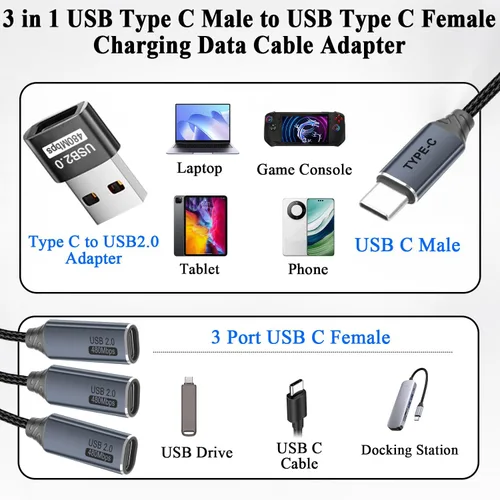 Vista 5 de QIANRENON Cable de extensión USB C 1 a 3 1 en 3 tipo C 2.0 macho a 3 hembra, con adaptador C a A Convertir USB2.0 macho a 3 USB C hembra ca-ble