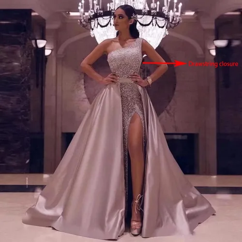 Vista 3 de Vestidos de fiesta de lentejuelas de un hombro 2022, vestidos de noche formales de sirena con abertura brillante y cola desmontable de satén
