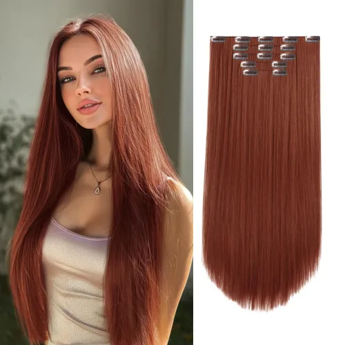 Vista 28 de Extensiones de cabello sintético con clip, color burdeos de 18 pulgadas de largo, invisibles, gruesas, extensiones de cabello lacio con clips, 5