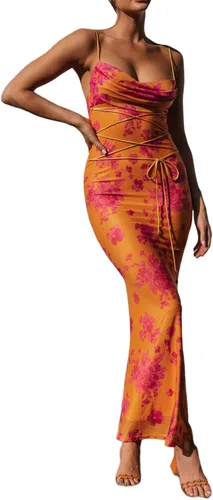 Vista 3 de Vestido midi floral para mujer, largo, ajustado, estampado floral, sin mangas, tirantes delgados, ajustado, con lazo, playa, verano, club