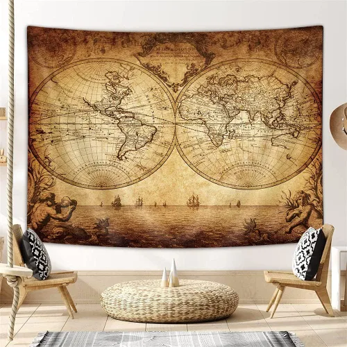 Vista 4 de JAWO Tapiz vintage antiguo de mapa del mundo, mapa náutico retro de doble hemisferio para colgar en la pared, mapa del mundo antiguo, arte de pared