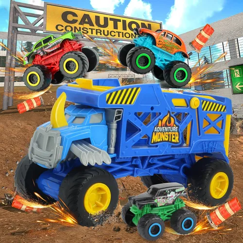 Vista 6 de Monster Trucks Hauler Rhino con 3 mini camiones y lanzamiento de súper rampa, regalo para niños a partir de 3 años
