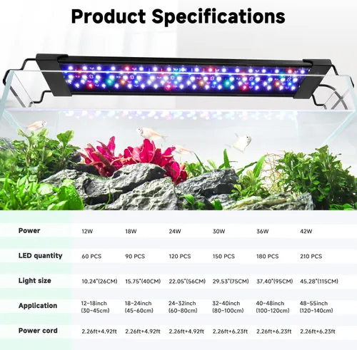 Vista 7 de AQQA - Luz LED para acuario, 24/7 y modo DIY de espectro completo para pecera Adjustable Timer/Brightness, Extendable Bracket Aquarium Plant
