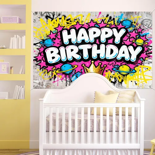 Vista 5 de IVN Pancarta de decoración de cumpleaños, graffiti, tema de galaxia, telón de fondo de 71 x 43 pulgadas con letras de burbujas blancas, estrellas