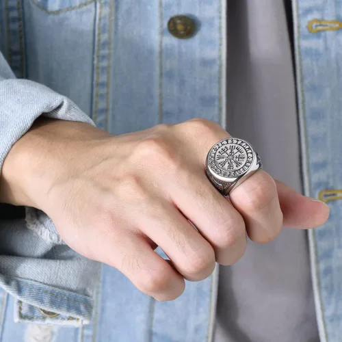 Vista 3 de VNOX Anillos vikingos para hombre, acero inoxidable, martillo de Thor, vikingo, vegvisir, pirata, brújula, anillos de joyería gótica, regalos