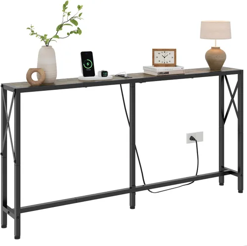 Vista 17 de Gewudraw - Mesa de sofá estrecha de 55.1", mesa consola con tomas de corriente y puertos USB, mesa de entrada, mesa de sofá industrial para pasillo