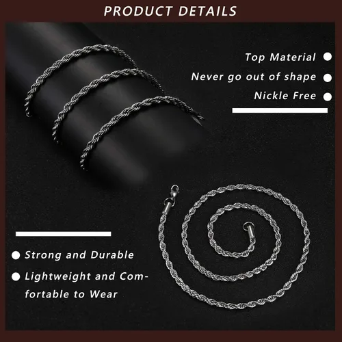 Vista 5 de FIBO STEEL Collar de cadena de cuerda de acero inoxidable de 0.157in para hombres de 16 a 30 pulgadas, color plateado dorado y negro, Metal