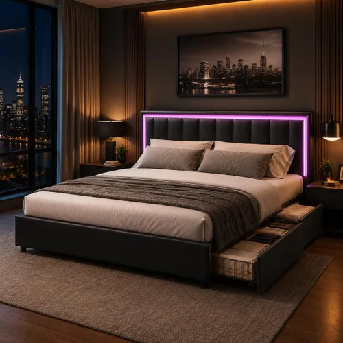 Vista 12 de Base de cama tamaño Queen con 4 cajones de almacenamiento, base de cama tapizada Queen con cabecero, luces LED RGB, base de metal resistente y Blanco