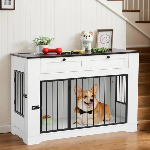 Vista 11 de Muebles de Jaula Grande para Perros - Jaula Decorativa Resistente para Perros de Interiores, Mesa Auxiliar de Jaula de Perro de Madera con Estación