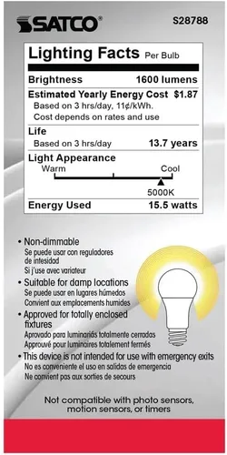 Vista 6 de Satco S28788 15.5A19/LED/50K/ND/120V (6 bombillas LED)