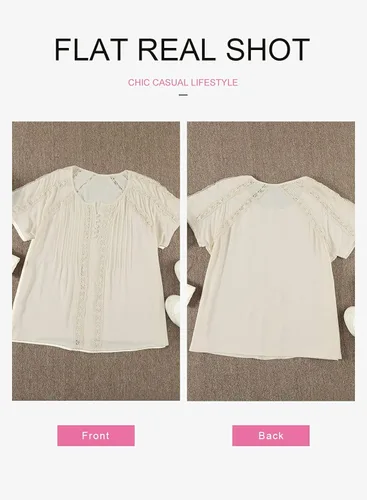 Vista 3 de Dokotoo - Blusa informal de manga corta con cuello en V de encaje de ganchillo para mujer