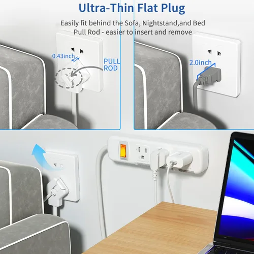 Vista 2 de Regleta de Enchufes Planos Ultra-Delgados Protector contra Sobretensiones 3 Tomacorrientes, Cable de Extensión 3 pies 3 Clavijas, 300J, 10A/1250W