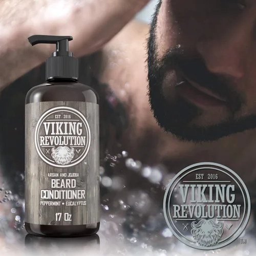 Vista 3 de Viking Revolution Acondicionador para barba con aceite de argán y jojoba - Suaviza y fortalece - Aroma natural a menta y eucalipto - Acondicionador