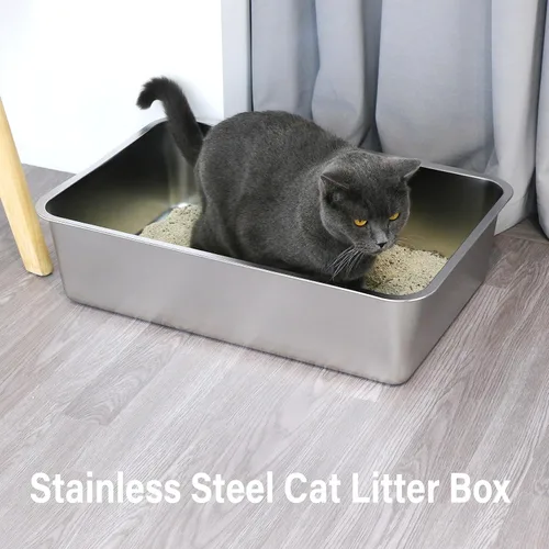 Vista 7 de Caja de arena de acero inoxidable de 6 pulgadas de alto, caja de arena de metal XL para gatos grandes, fácil de limpiar, caja de arena de metal