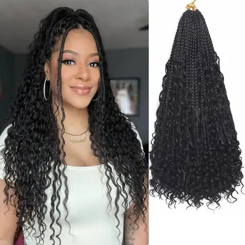 Vista 9 de Flagship 9 Paquetes Goddess Box Braids Cabello de Ganchillo para Mujeres Negras - 10 Pulgadas Pre-enrollado con Puntas Rizadas, Estilo Bohemio 1b