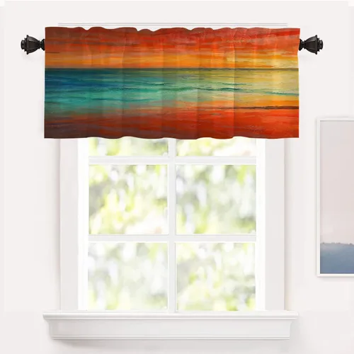 Vista 104 de Shrahala Beige and Orange Abstract Art Brushstrokes Blackout Curtain Tiers, Abstract Oil Paint Kitchen Valance Light Blocking Tier Drapes with Rod