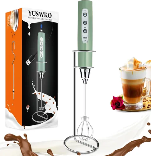 Vista 29 de YUSWKO Baby Blue - Varita espumadora de leche de mano para café, batidor eléctrico recargable con 3 cabezales, 3 velocidades, mezclador de bebidas