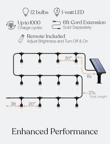 Vista 3 de Brightech Ambience Pro – Cadena de luces para exteriores con control remoto a energía solar con bombillas Edison – Luces de patio impermeables LED