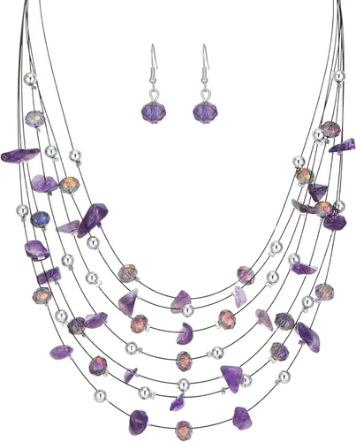 Vista 13 de Collar de cuentas de concha bohemia de varias capas para mujer, hebra de cristal colorida con cuentas plateadas, collares y aretes, disfraces