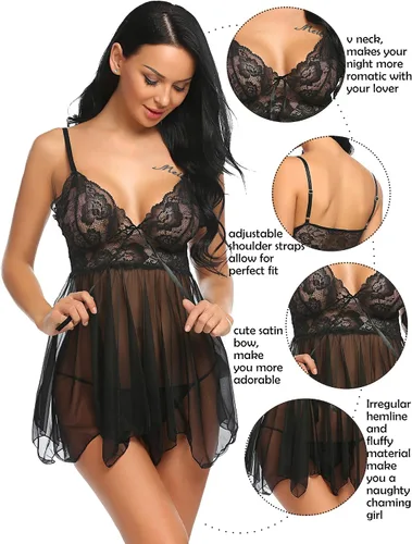 Vista 4 de Camisón Avidlove babydoll de encaje lencería sexy camisón de malla ropa de noche para mujer