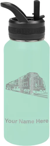 Vista 66 de LaserGram Botella de agua personalizada, tren de carga, acero inoxidable de doble pared aislada al vacío con popote superior, regalo grabado Negro