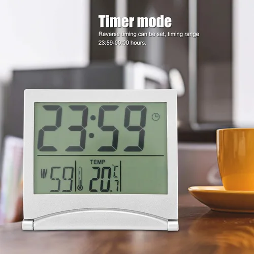 Vista 2 de Reloj electrónico compacto con alarma plegable, fácil de leer, reloj atómico de escritorio, ajuste automático, pantalla de reloj despertador digital