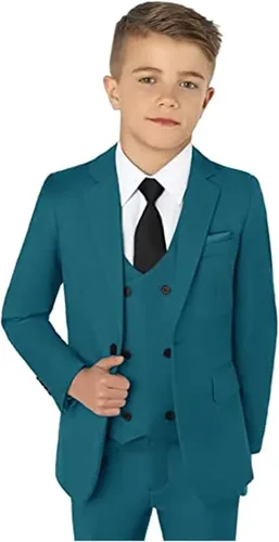Vista 4 de YSMLOIU Trajes para niños pequeños, 3 piezas, chaqueta sólida, pantalones, chaleco, trajes para niños, traje de boda, trajes de esmoquin para niños