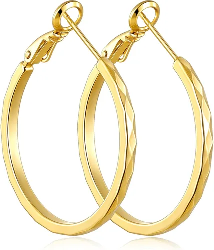 Vista 12 de Aretes de aro de corte de diamante para mujer, aro ligero y fino Dorado