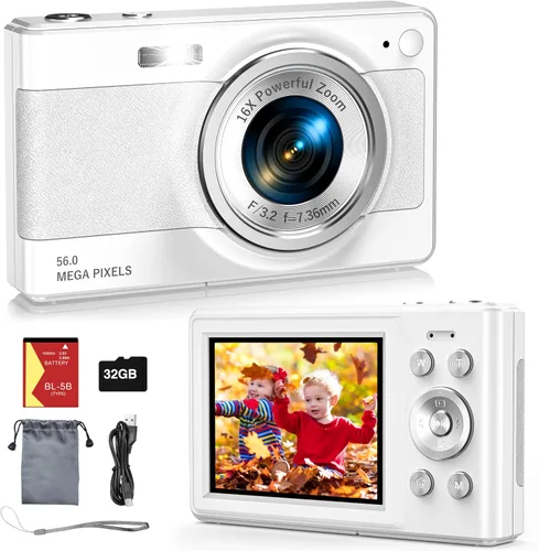 Vista 10 de Nueva cámara digital 2025, 56MP FHD 1080P para niños con zoom digital de 16x, antivibración, detección facial, captura de sonrisas, tarjeta TF de 32