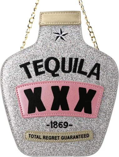 Vista 5 de QiMing Bolso de hombro láser con forma de botella de tequila, bolso cruzado de poliuretano para mujer