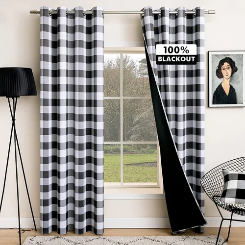 Vista 13 de MIULEE Cortinas opacas a cuadros para dormitorio rural, cortinas opacas con ojales para sala de estar, bloqueo de luz y aislamiento térmico, juego