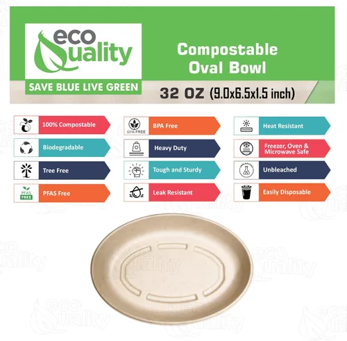 Vista 2 de Cuencos ovalados de papel compostable desechables de 32 onzas para burrito resistentes, ecológicos, cuencos ovalados de bagazo natural sin